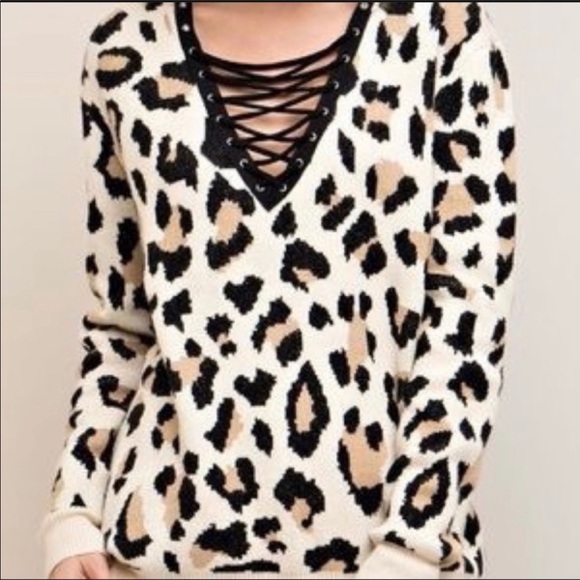 entro Sweaters - Entro Cheetah Print Lace Up Sweater | L